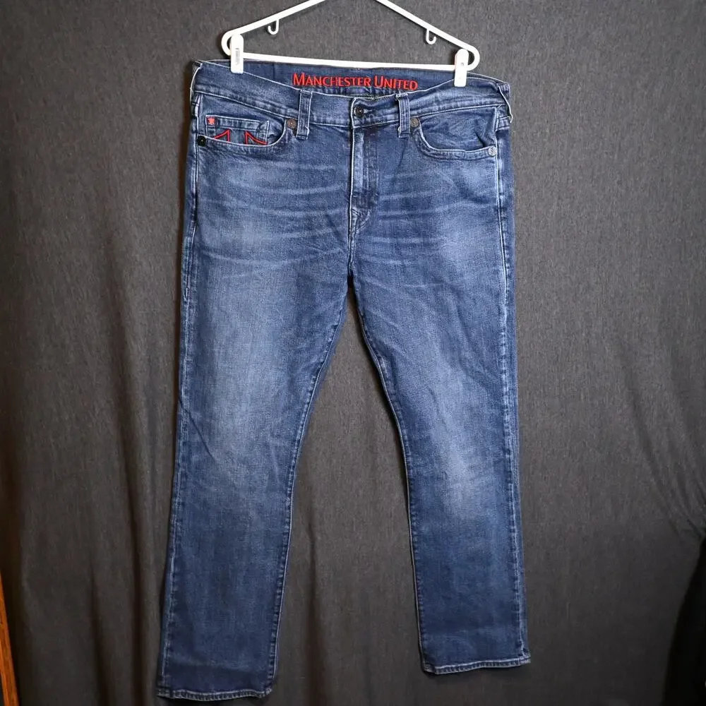 True Religion x Manchester United Men's 40 (38x30) Denim Jeans Red Stitching